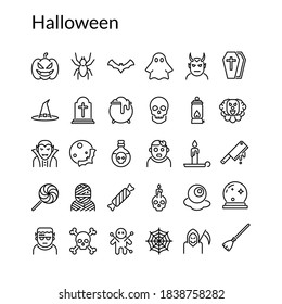 Simple Halloween Line Style Contain Such Icon as Pumpkin, Horror, Bat, Ghost, Spooky, Candy, Jack O Lantern, Vampire, Candle, Cemetery, Demon, Grave, Skull, Witch and more. 64 x 64 Pixel Perfect