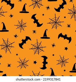 Simple Halloween pattern. spider, spider web and bat . orange background. Fashionable print for textiles and wallpaper.