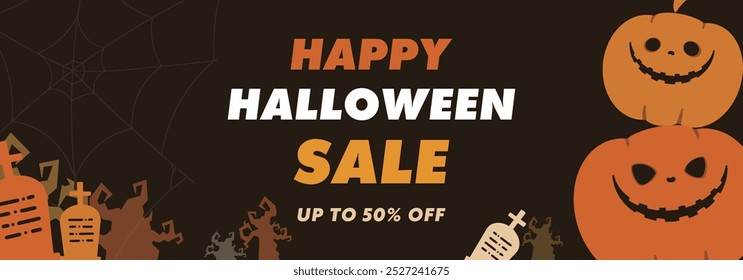 Simple Halloween Sale Ad Banner Background Template Decorated with Pumpkins (orange)