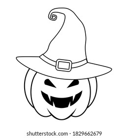 Simple Halloween scary pumpkin with witch hat in flat style