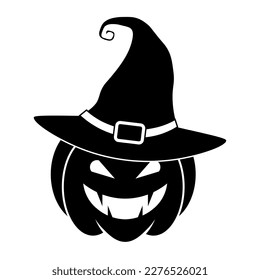 Simple Halloween scary pumpkin with witch hat in flat style