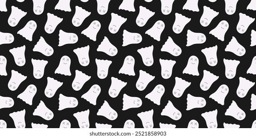 Simple Halloween Seamless Pattern with Ghosts. Black background with white spirit. Cute minimal holiday print for home decor, fabric, wrapping