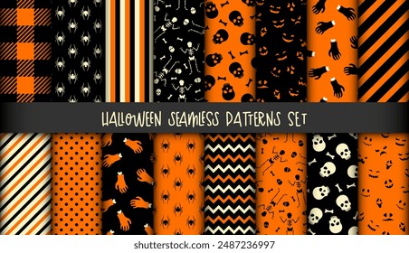 Simple Halloween seamless pattern set. Vector Halloween black orange background with skull, bones, spider, skeleton, zombie hand and geometric texture. Kids print collection for decor, fabric, design.