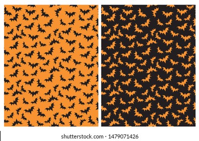 Simple Halloween Seamless Vector Patterns with Black Bats Isolated on an Orange Background and Orange Bats on a Black. Halloween Print. Cute Halloween Walpaper with Flying Bats.