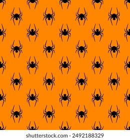 Simple Halloween spider seamless pattern. Vector black spiders on orange background. Creepy print for Halloween decoration, wallpaper, textile, wrapping, fabric, backdrop.