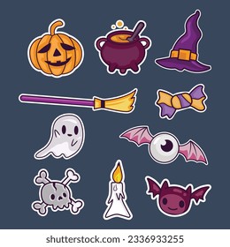 Simple Halloween spooky sticker template: Pumpkin head, witch hat, candy, ghost, bat, skull, candle, vampire.