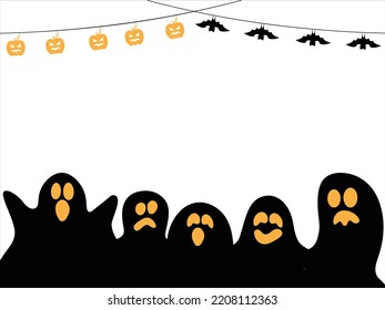 Simple halloween theme template. Illustration design with copyspace. black ghost with halloween pumpkin and bat on hanger
