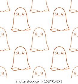 Simple Halloween vector pattern. Hand drawn orange contoured ghosts with emojis isolated on white background. Festive illustration. Cute colorful doodle art. Perfect for wallpaper or fabric.