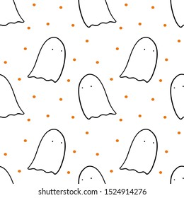Simple Halloween vector pattern. Hand drawn black contoured ghosts with orange circles isolated on white background. Festive illustration. Cute colorful doodle art. Perfect for wallpaper or fabric.