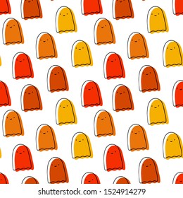 Simple Halloween vector pattern. Hand drawn black contoured ghosts with orange shadows isolated on white background. Festive illustration. Cute colorful doodle art. Perfect for wallpaper or fabric.