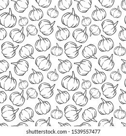 Simple Halloween vector pattern. Hand drawn black contoured pumpkins isolated on white background. Festive illustration. Monochrome doodle art. Perfect for wallpaper or fabric.