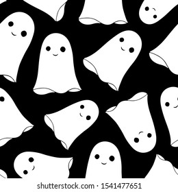 Simple Halloween vector pattern. Hand drawn white ghosts isolated on black background. Festive illustration. Monochrome doodle art. Perfect for wallpaper or fabric.