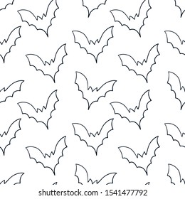 Simple Halloween vector pattern. Hand drawn black contoured bats isolated on white background. Cute simple illustration. Monochrome doodle art. Perfect for wallpaper or fabric.
