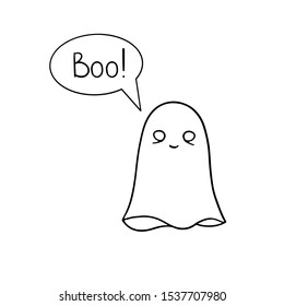 Simple Halloween vector poster. Hand drawn black contoured ghost isolated on white background. Spooky holiday illustration. Monochrome doodle art. 