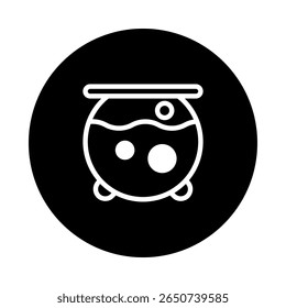 Simple halloween witch cauldron icon illustration with bubbles in a black circle background vector graphics