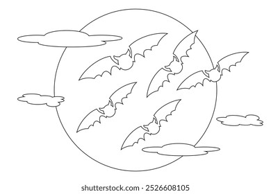 Simple Halloween-themed coloring page featuring bats flying in front of the moon. Perfect for kids activities and holiday fun.