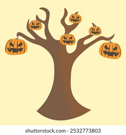 Eine einfache Illustration zum Thema Halloween mit einem blattlosen Baum im Herbststil, an dessen Ästen Laternen hängen