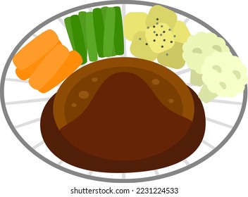 Simple hamburger steak plate with cauliflowers. There is it on the gray plate.	