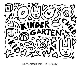 Simple han drawn doodle about kids. Kindergarten design colorless set vector illustration. Bear, hare, pyramid, lettering, ball. Coloring book. Black and white line art