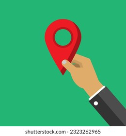 Simple hand catching red pointer on the green background, journey and travel planning concept, vector flat design editable shape and object copy space for text, design, eps10