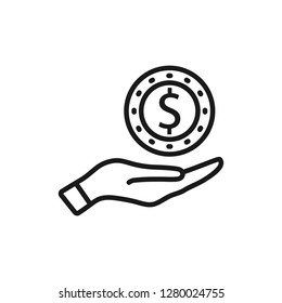 Simple hand with a coin line icon. Symbol and sign vector illustration design. Editable Stroke. Isolated on white background