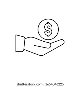 Mano simple con un icono de línea de monedas. Diseño de ilustración de vector de símbolo y signo. Trazo editable. Aislado sobre fondo blanco