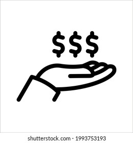 Mano simple con un icono de línea de moneda. Diseño de ilustración de vector de símbolo y signo sobre fondo blanco. modificable por color