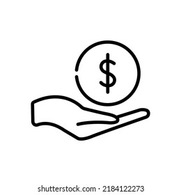 Einfache Hand mit einem Münzzeilensymbol. Symbol und Zeichen, Vektorgrafik Design. Bearbeitbarer Stroke. Einzeln auf weißem Hintergrund