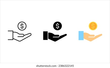 Mano simple con un conjunto de iconos de línea de moneda. Ilustración del símbolo y del vector de signo en el fondo blanco