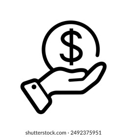 Einfache Hand mit einem Münzzeilensymbol. Design der Symbol- und Schild-Vektorillustration. Bearbeitbarer Strich. Isoliert auf weißem Hintergrund