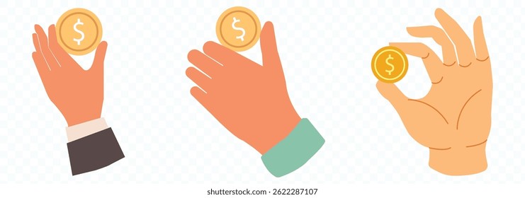 Simple hand with a coin line icon. Symbol and sign vector illustration design. Editable Stroke. Isolated on white background.