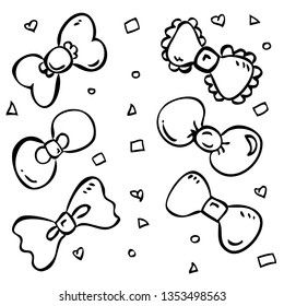 simple hand draw sketch Black and White of 6 ribbon, with square, love, triangle shape for element design
