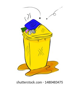 Simple hand draw sketch, Dirty Yellow and Blue bin filled with waste  at white background
