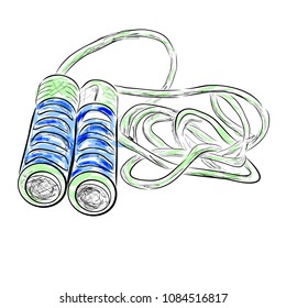 simple hand draw sketch of jumping rope and dumbbell, green and blue watercolor effect