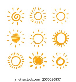 Eenvoudige hand tekenen zon icoon set. Shine zonnestraal set. Zonnetekening icoon ingesteld. Gele zon ster iconen collectie. Zomer, zonlicht, natuur, lucht. Vectorillustratie geïsoleerd op een witte achtergrond.