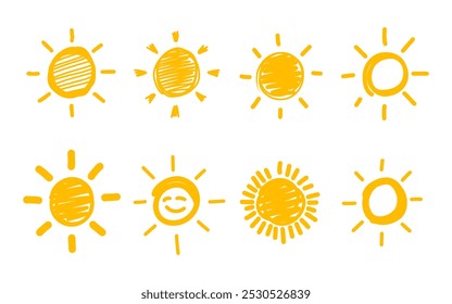 Simple hand draw sun icon set. Shine sun ray set. Sun drawing icon set. Yellow sun star icons collection. Summer, sunlight, nature, sky. Vector illustration isolated on white background.