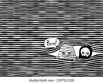 simple hand drawing black bold horizontal lines with peeking cartoon seamless pattern; ghost and mummy halloween theme for background, texture, wallpaper, banner, label etc. vector design