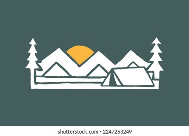 simple hand drawing of the camping tent and mountains vector art design