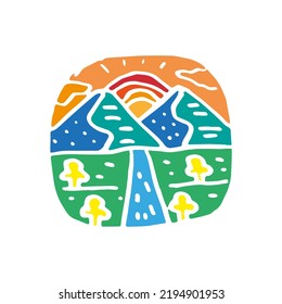 simple hand drawing mountain and river design for badge emblem graphic vector art t-shirt design
