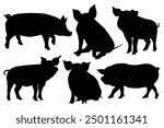 Simple hand drawing silhouettes of several pigs in various poses stand out or Pig breeds collection. Farm animals set. Black silhouette flat design. Vector illustration