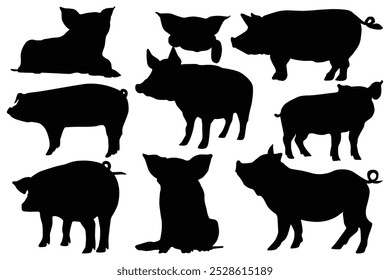 Simple hand drawing silhouettes of several pigs in various poses stand out or Pig breeds collection. Farm animals set. Black silhouette flat design. Piggy, fat pork pig farm, meat  Vector illustration