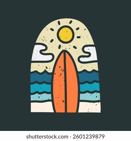 simple hand drawing vintage art surfboard and summer beach vibes