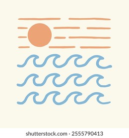 Simple hand drawing of the wave on summer day for surf hobby. t shirt art sticker and badges