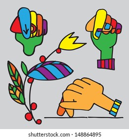 Simple Hand drawings of Hands and Flowers in rainbow colors and black outlines