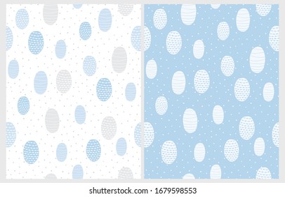 Simple Hand Drawn Abstract Eggs Vector Pattern. White Tiny Dots and Eggs Isolated on a Light Blue Background. Blue and Gray Spots on a White Layout. Easter Seamless Vector Print.