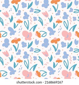 Flores abstractas simples dibujadas a mano. Patrón veloz. Ilustración en tonos rosa pastel y azul. Diseño moderno de moda para textiles, tejidos, embalajes, cubiertas