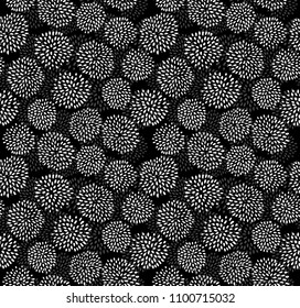 Simple Hand Drawn Abstract Geometric Seamless Vector Pattern.White and Dark Grey Circles Made of Dots Isolated on a Black Background. Funny Doodle Vector Print.Abstract Black and White Floral Pattern.