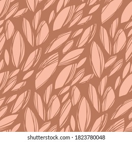 Einfach handgezeichnet abstraktes Blättermuster. Nahtloser Hintergrund auf pastellbraunem und cremigem Rosenhintergrund. Vektor fallende Blätter motif für Gewebe, Textilien, Wrap, Web und Druck.
