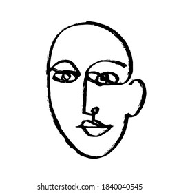 Simple hand drawn abstract line continuous face. Ink  Brush drawing in the style of Abstractionism. Modern Style Black And White Poster. Vector Illustration Clipart.