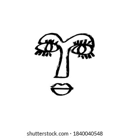 Simple hand drawn abstract line continuous face. Texture Ink  Brush drawing in the style of Abstractionism. Modern Style Black And White Poster. Vector Illustration Clipart.